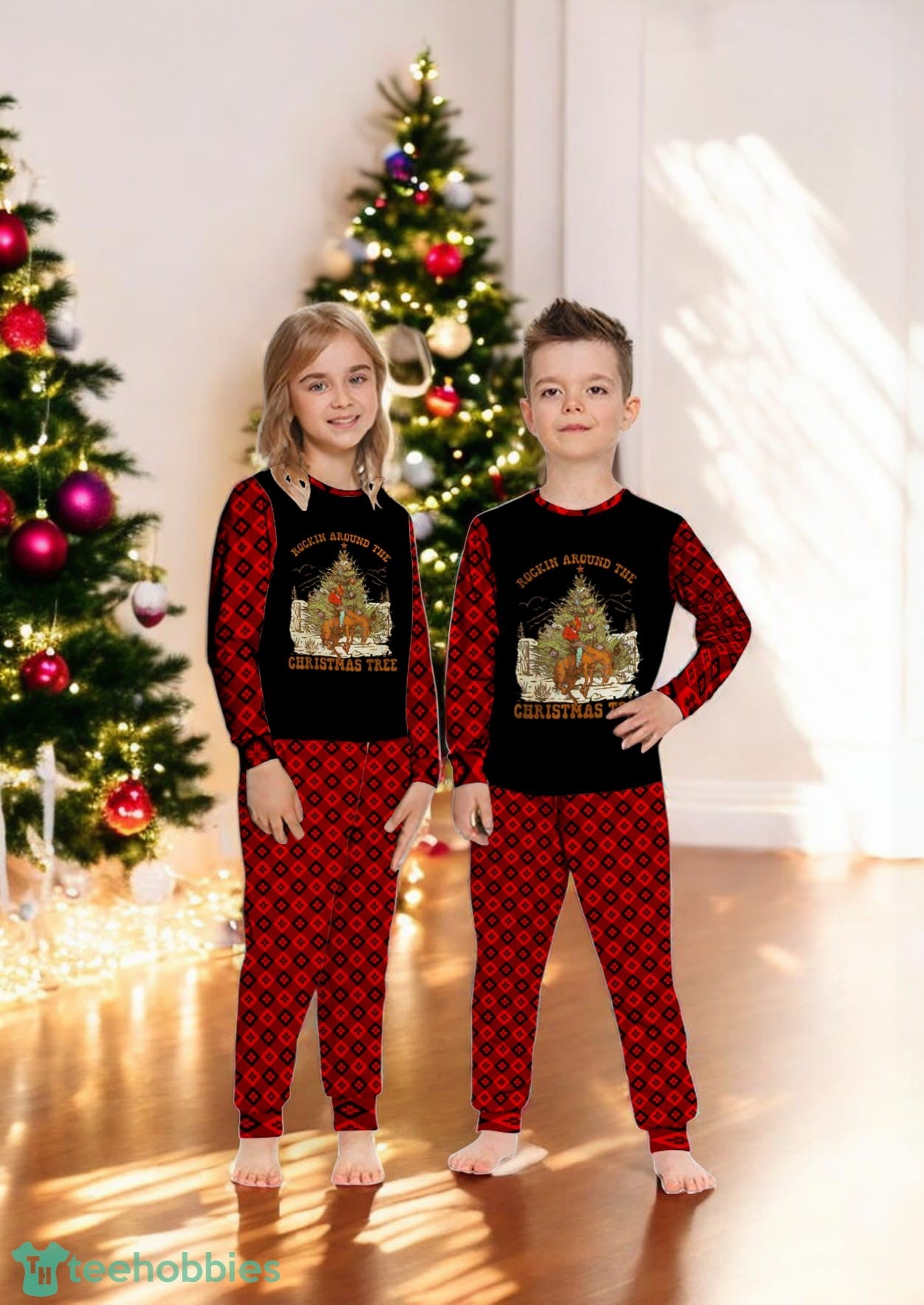 Cowboy Horsing Rocking Around Christmas Tree Family Matching Pajama Set