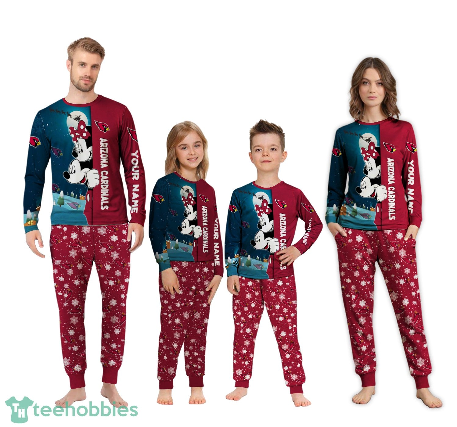 Custom Name Arizona Cardinals Cartoon Mouse Couple Christmas Matching Pajamas Set