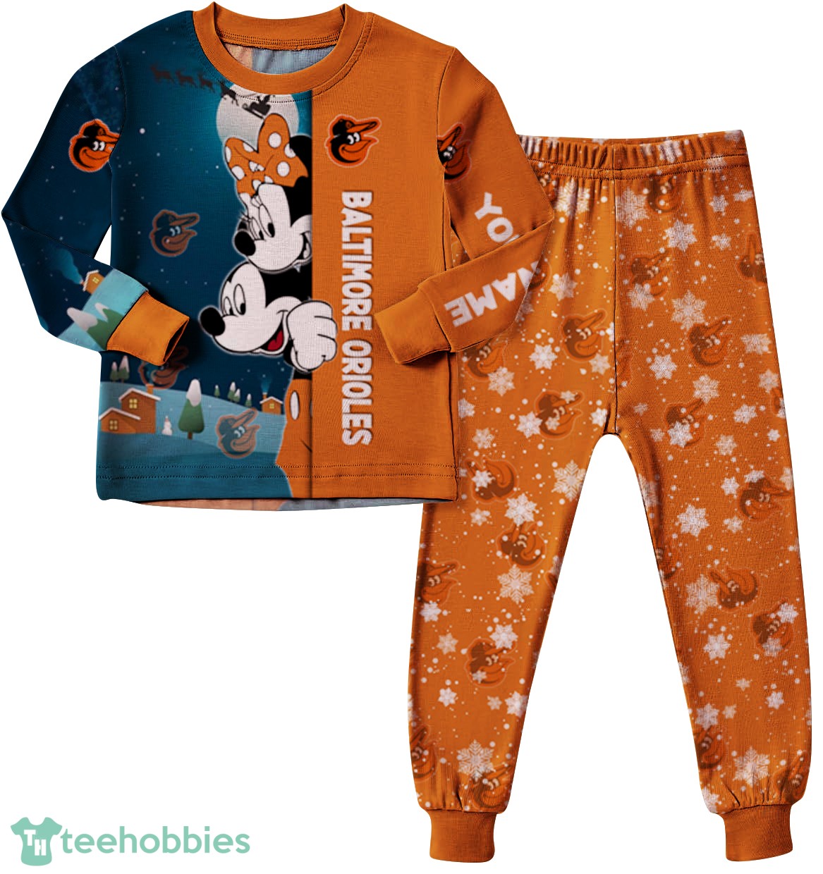 Custom Name Baltimore Orioles Cartoon Mouse Couple Christmas Matching Pajamas Set
