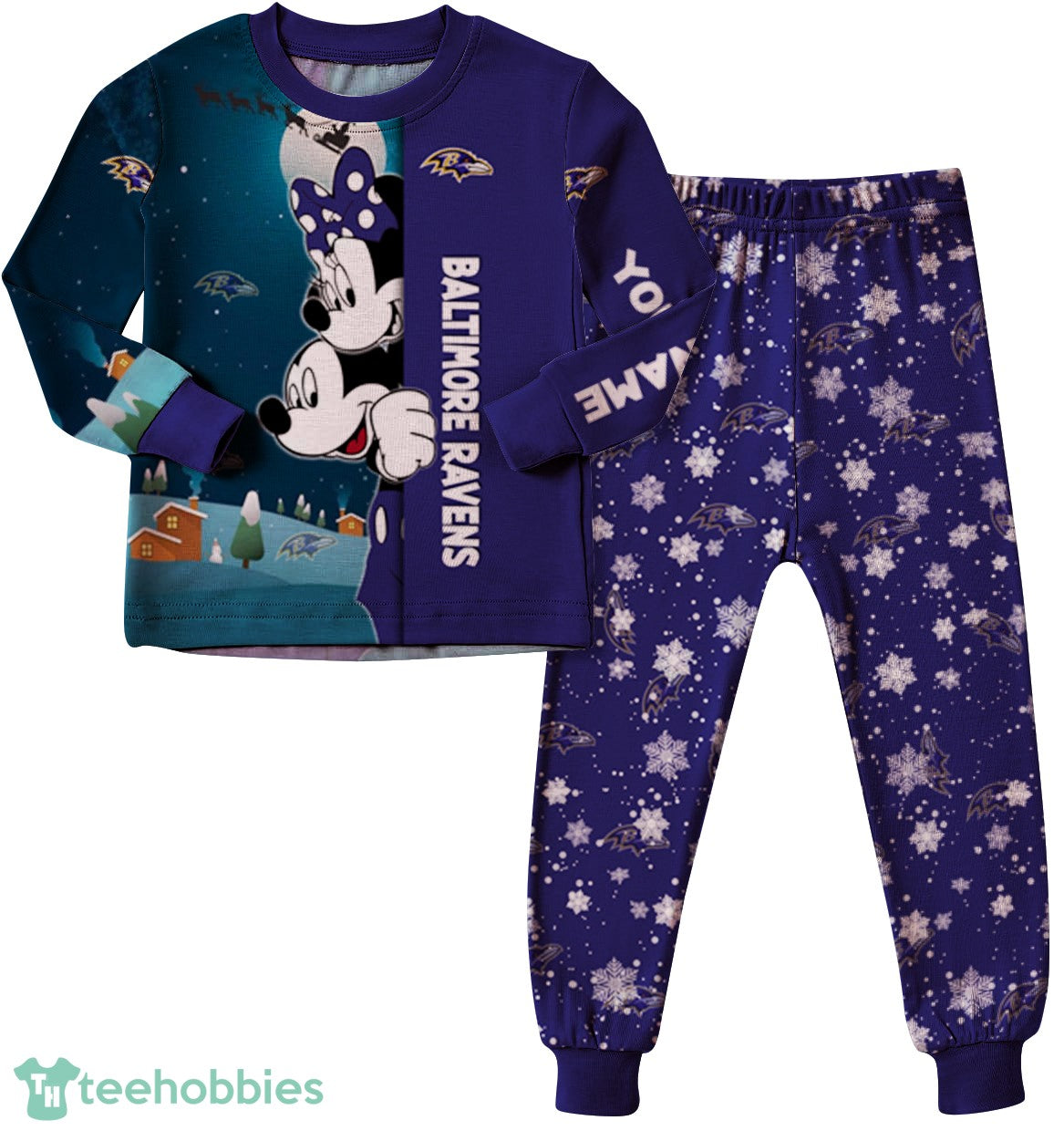 Custom Name Baltimore Ravens Cartoon Mouse Couple Christmas Matching Pajamas Set