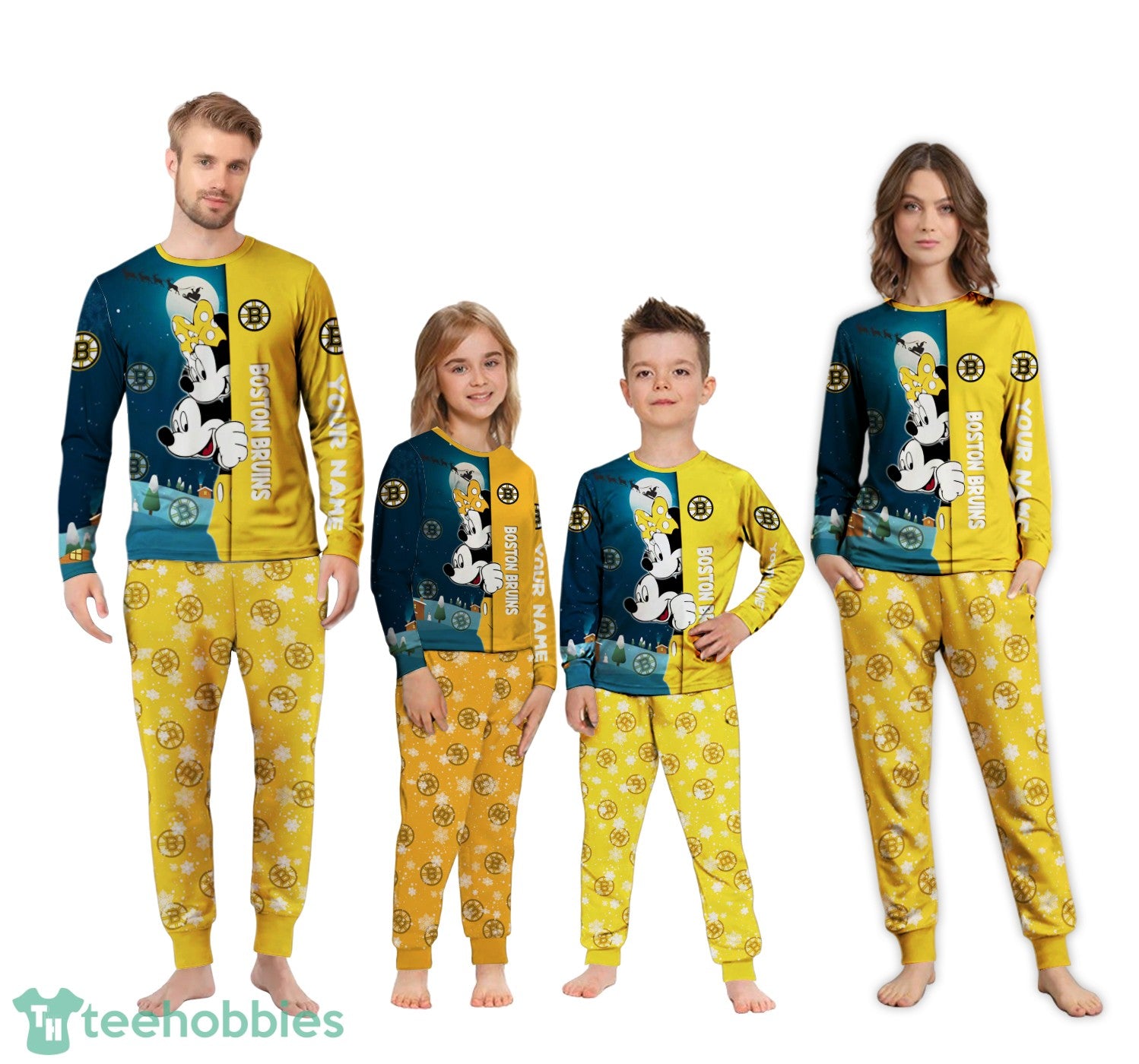 Custom Name Boston Bruins Cartoon Mouse Couple Christmas Matching Pajamas Set