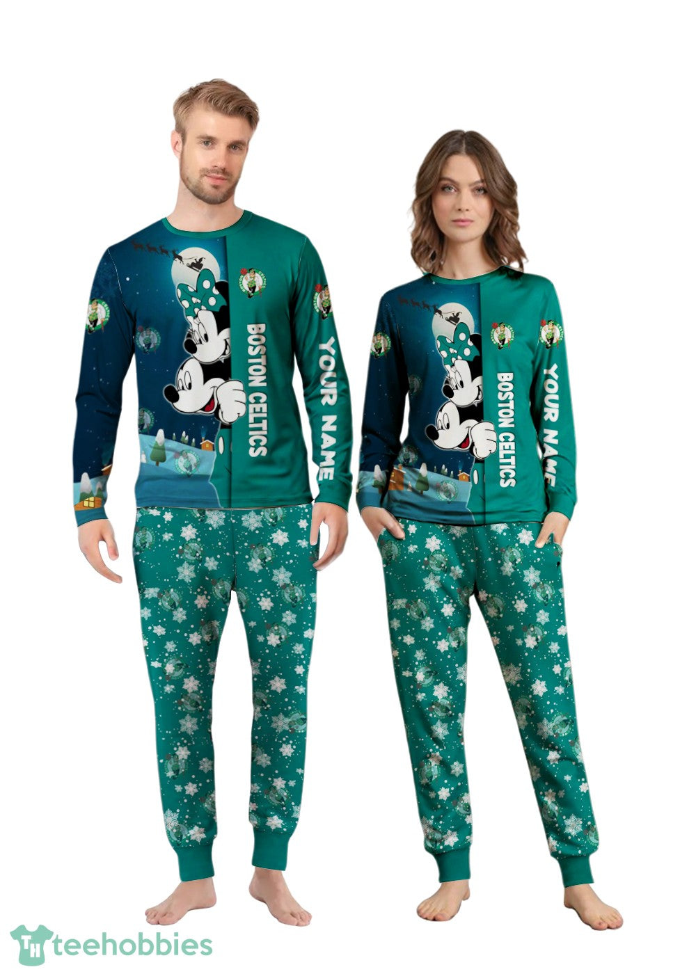 Custom Name Boston Celtics Cartoon Mouse Couple Christmas Matching Pajamas Set