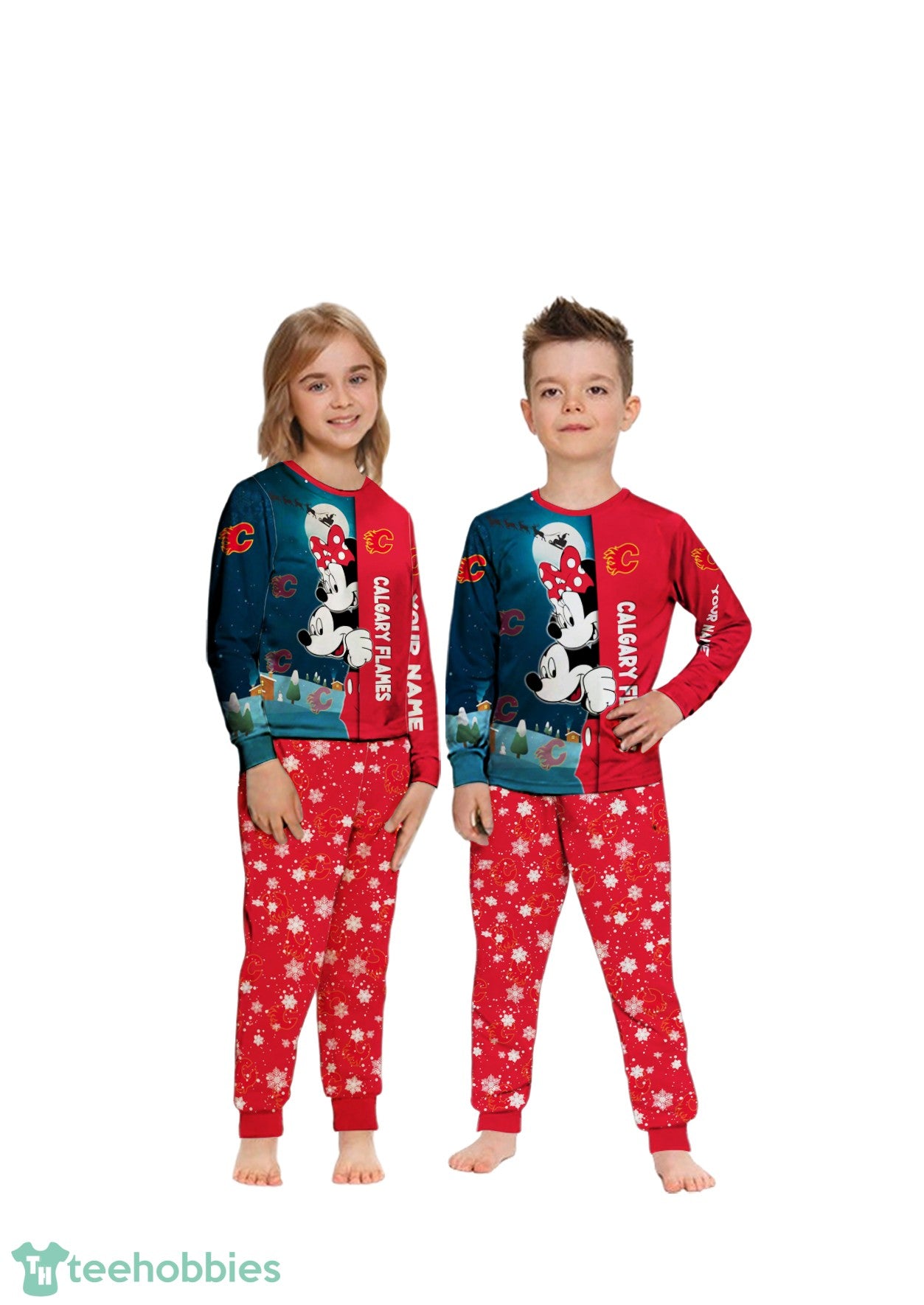 Custom Name Calgary Flames Cartoon Mouse Couple Christmas Matching Pajamas Set