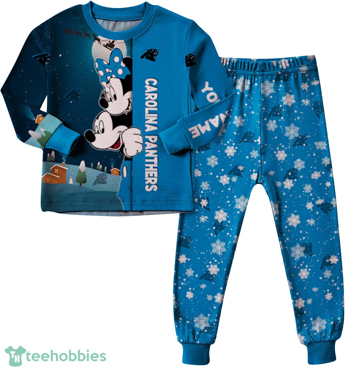 Custom Name Carolina Panthers Cartoon Mouse Couple Christmas Matching Pajamas Set