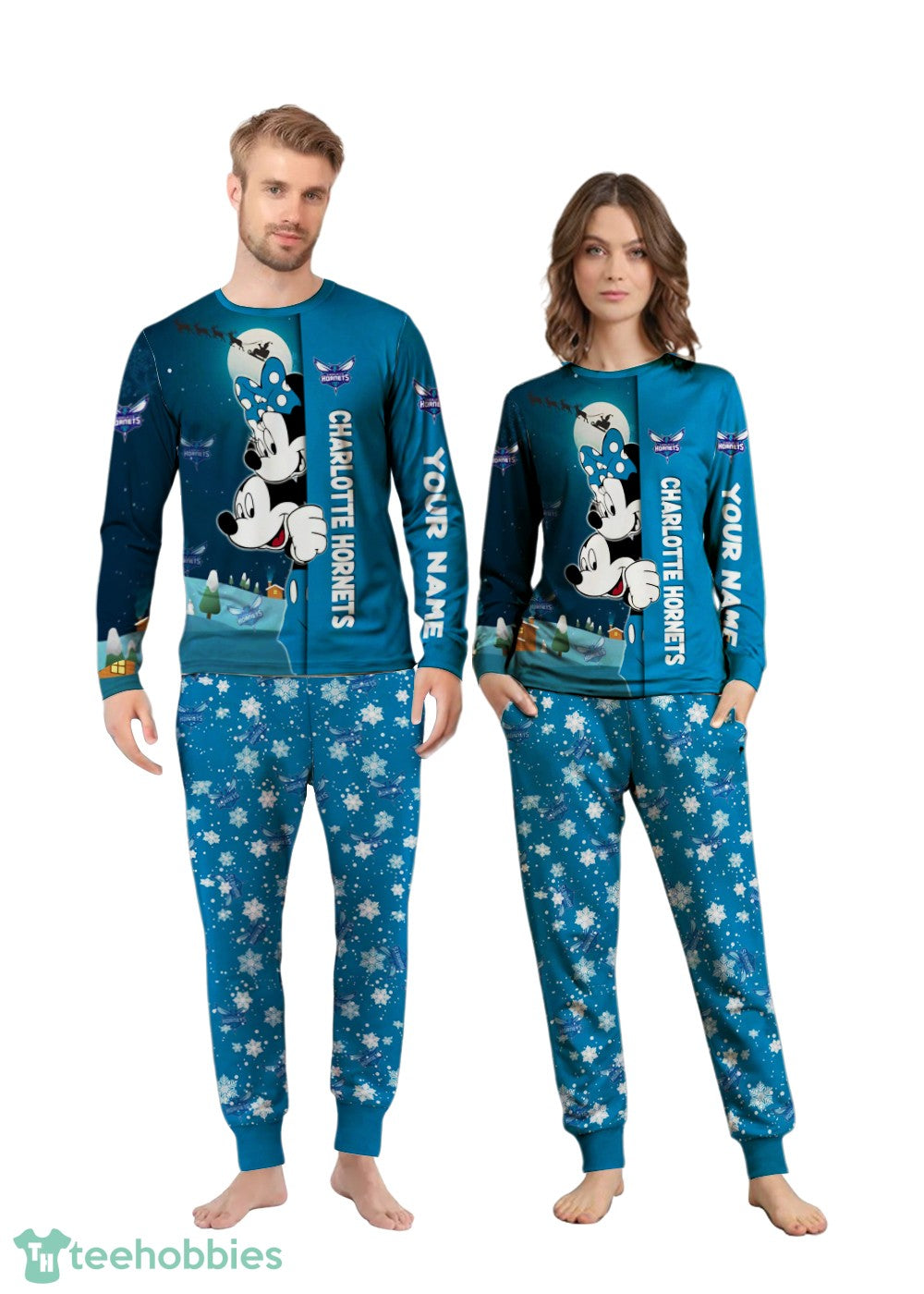 Custom Name Charlotte Hornets Cartoon Mouse Couple Christmas Matching Pajamas Set