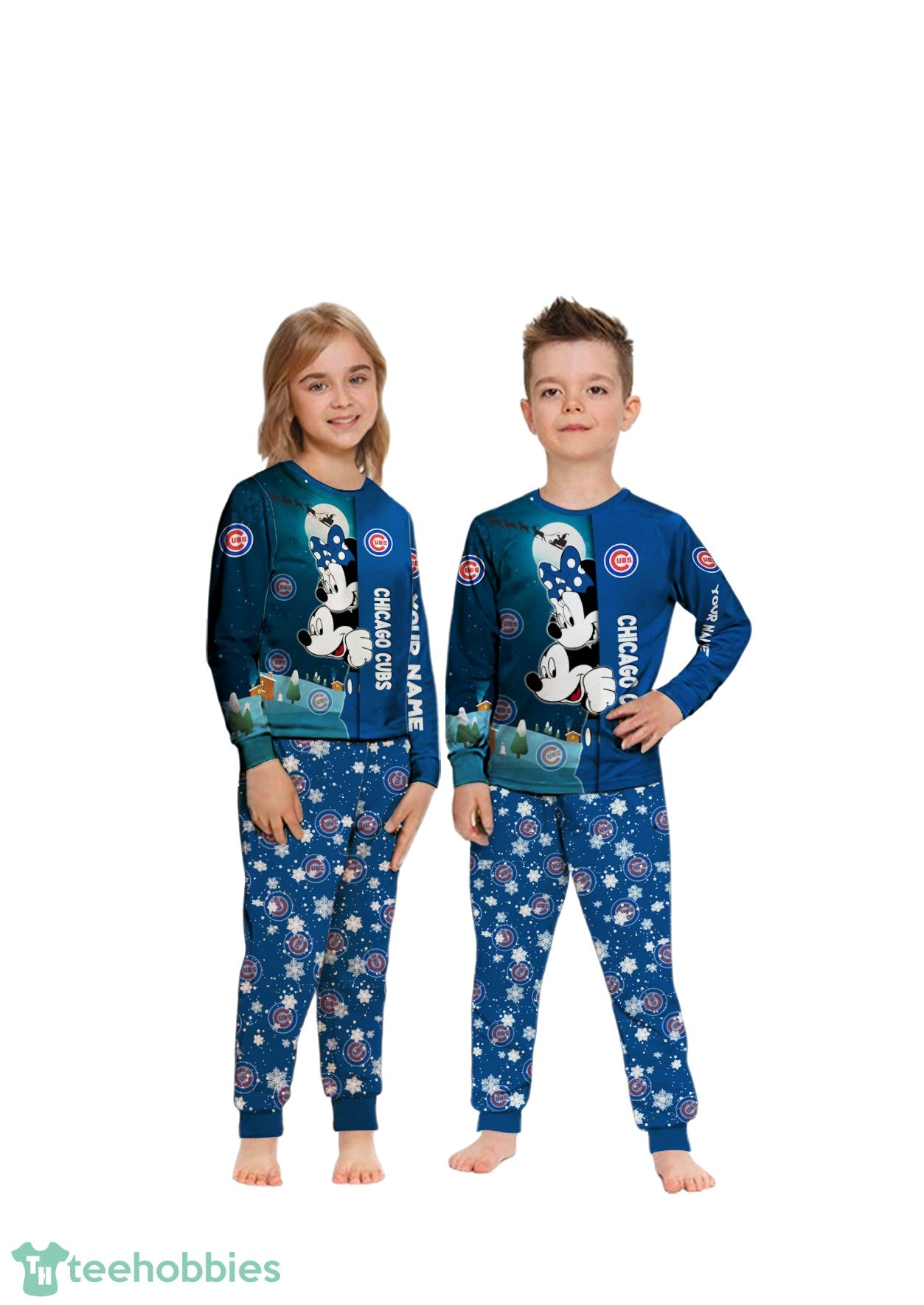 Custom Name Chicago Cubs Cartoon Mouse Couple Christmas Matching Pajamas Set