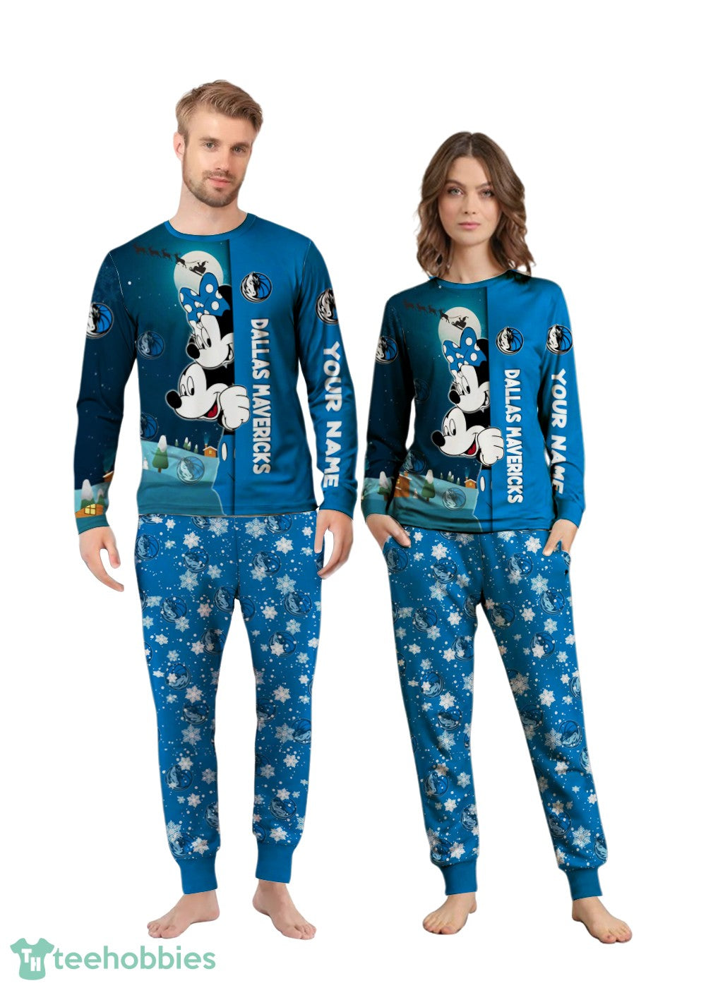 Custom Name Dallas Mavericks Cartoon Mouse Couple Christmas Matching Pajamas Set