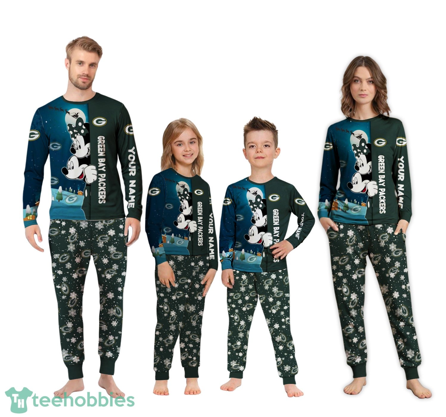 Custom Name Green Bay Packers Cartoon Mouse Couple Christmas Matching Pajamas Set
