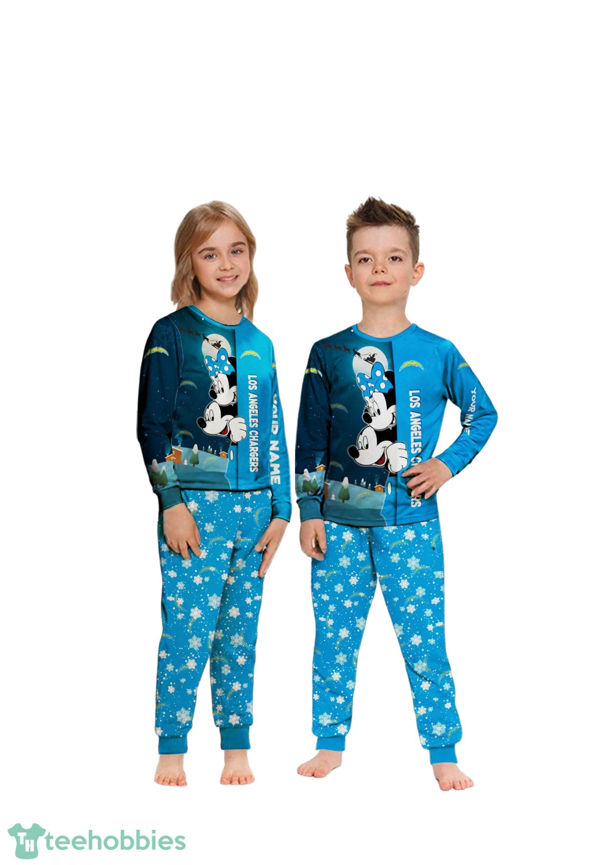 Custom Name Los Angeles Chargers Cartoon Mouse Couple Christmas Matching Pajamas Set