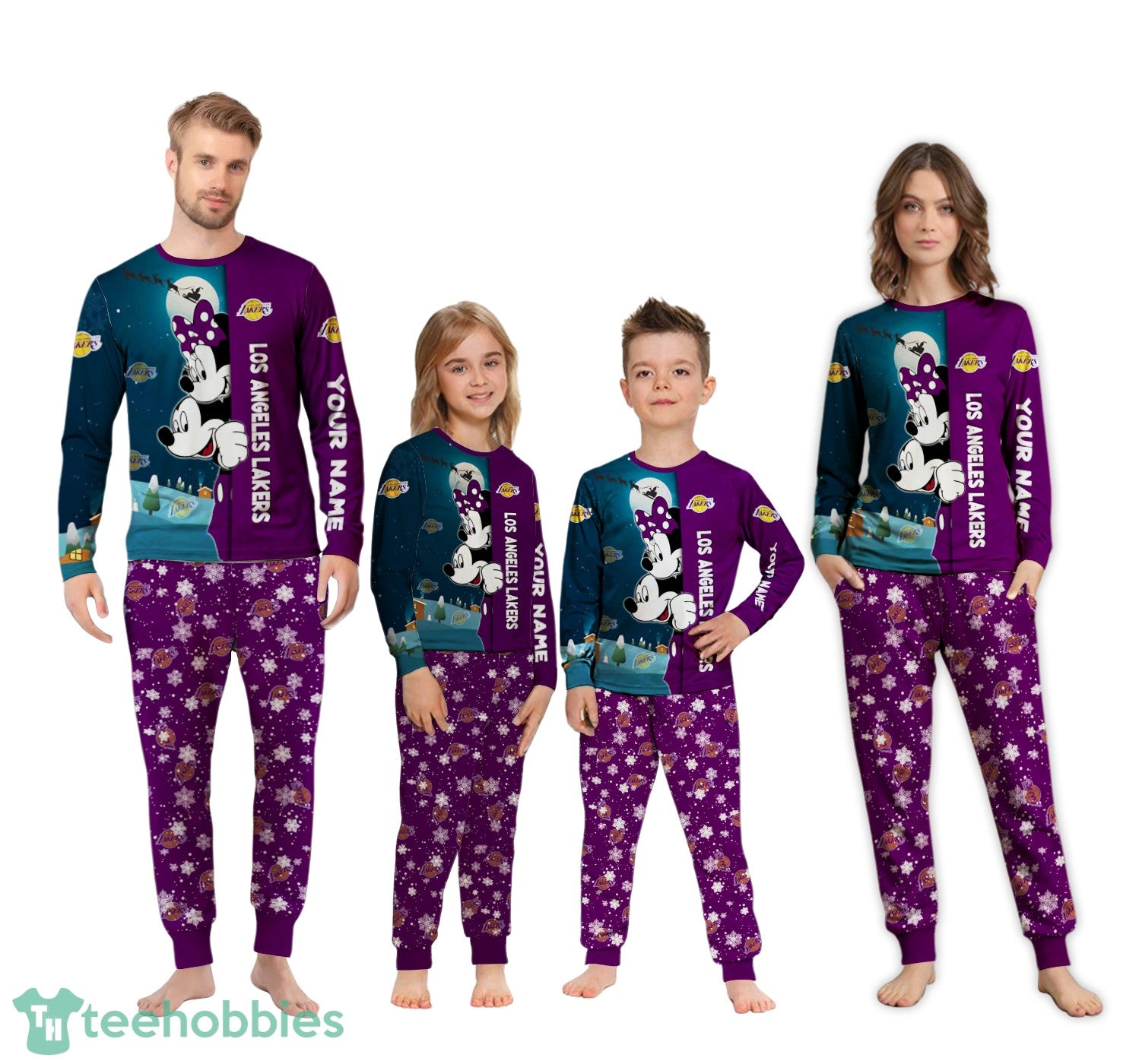 Custom Name Los Angeles Lakers Cartoon Mouse Couple Christmas Matching Pajamas Set