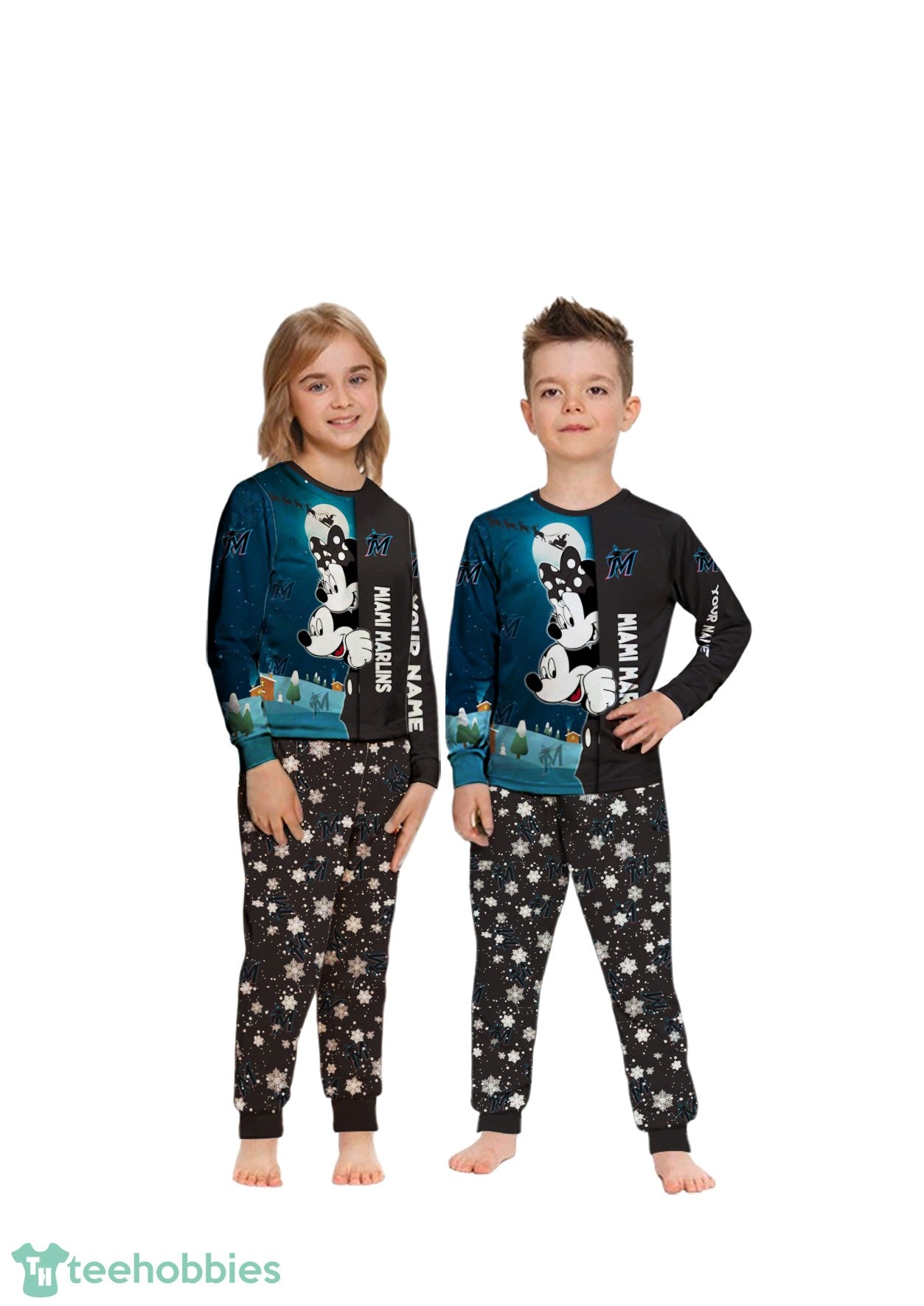 Custom Name Miami Marlins Cartoon Mouse Couple Christmas Matching Pajamas Set