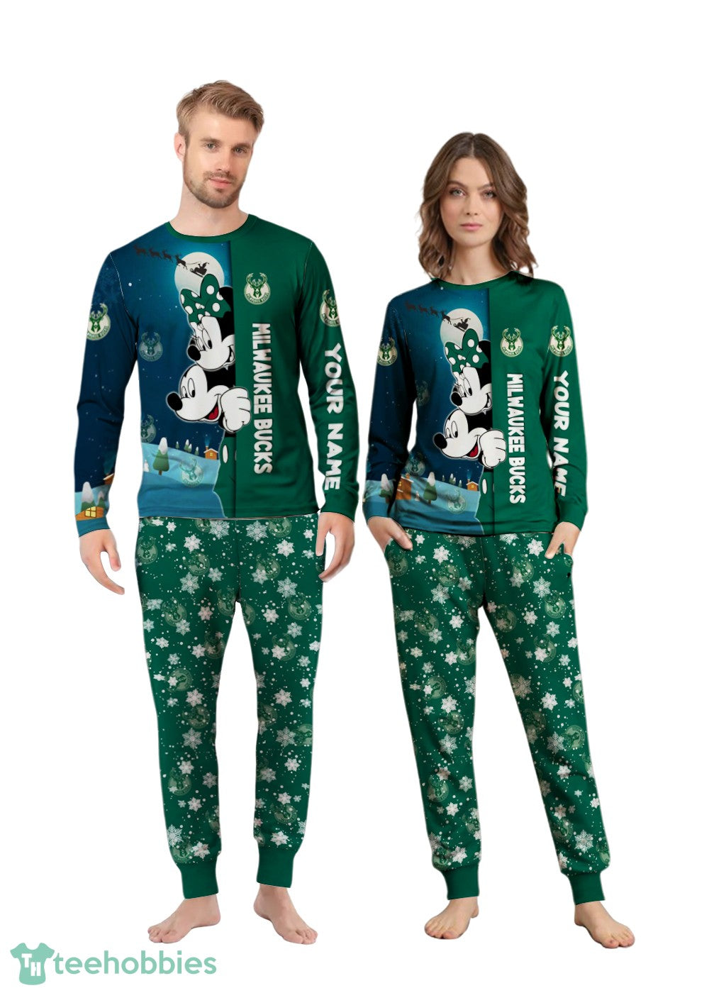 Custom Name Milwaukee Bucks Cartoon Mouse Couple Christmas Matching Pajamas Set
