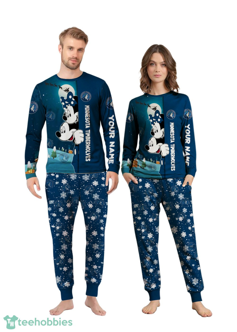 Custom Name Minnesota Timberwolves Cartoon Mouse Couple Christmas Matching Pajamas Set