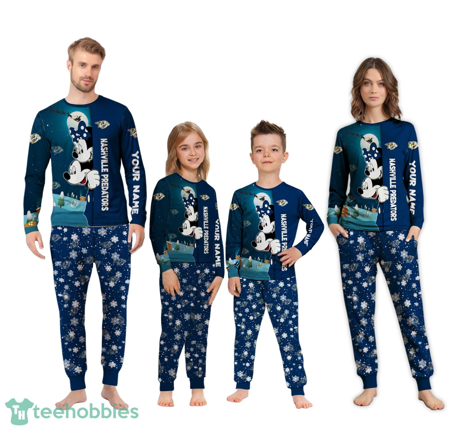 Custom Name Nashville Predators Cartoon Mouse Couple Christmas Matching Pajamas Set