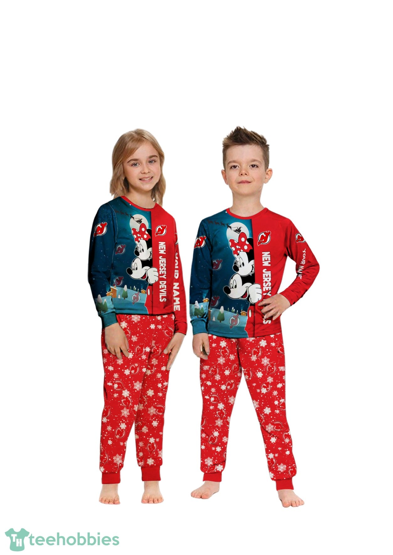 Custom Name New Jersey Devils Cartoon Mouse Couple Christmas Matching Pajamas Set