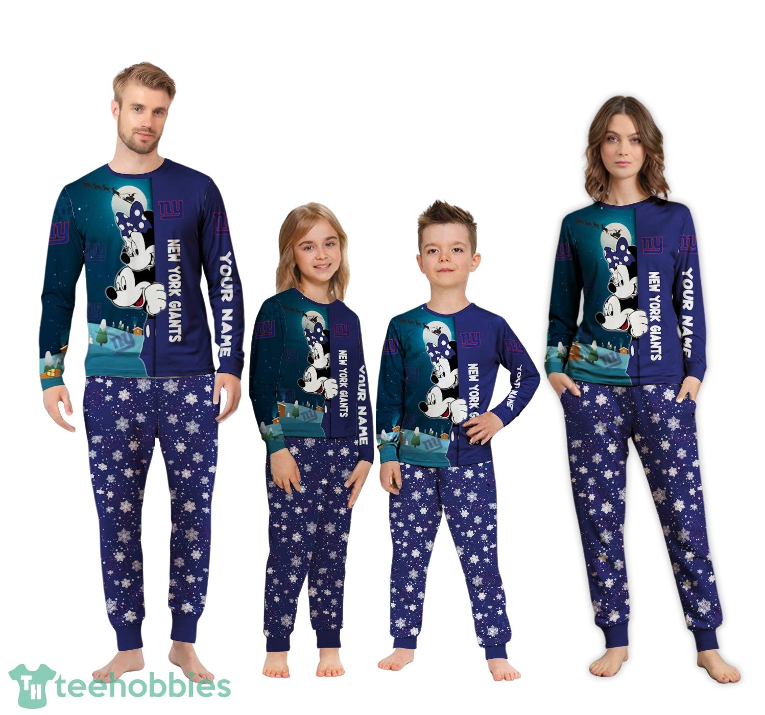 Custom Name New York Giants Cartoon Mouse Couple Christmas Matching Pajamas Set