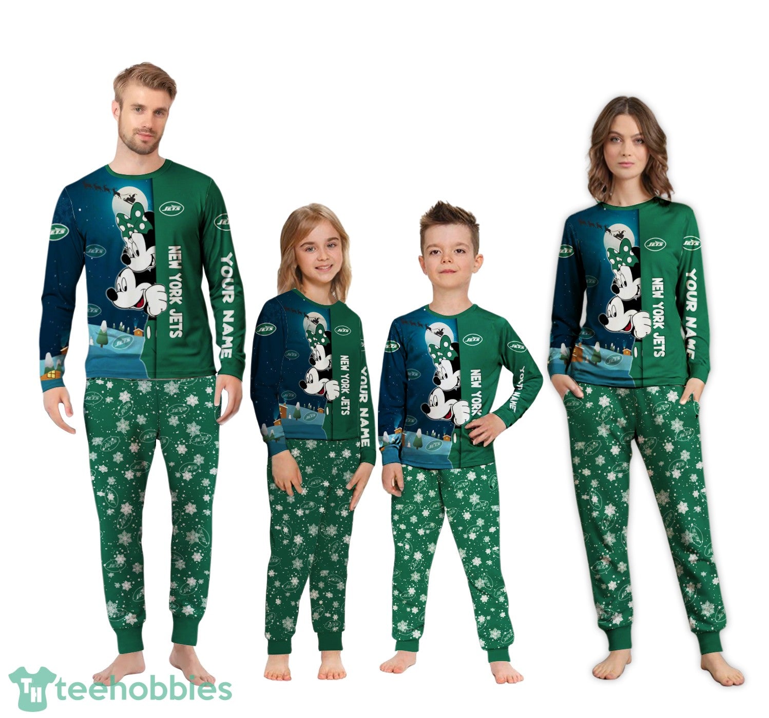 Custom Name New York Jets Cartoon Couple Christmas Matching Pajamas Set
