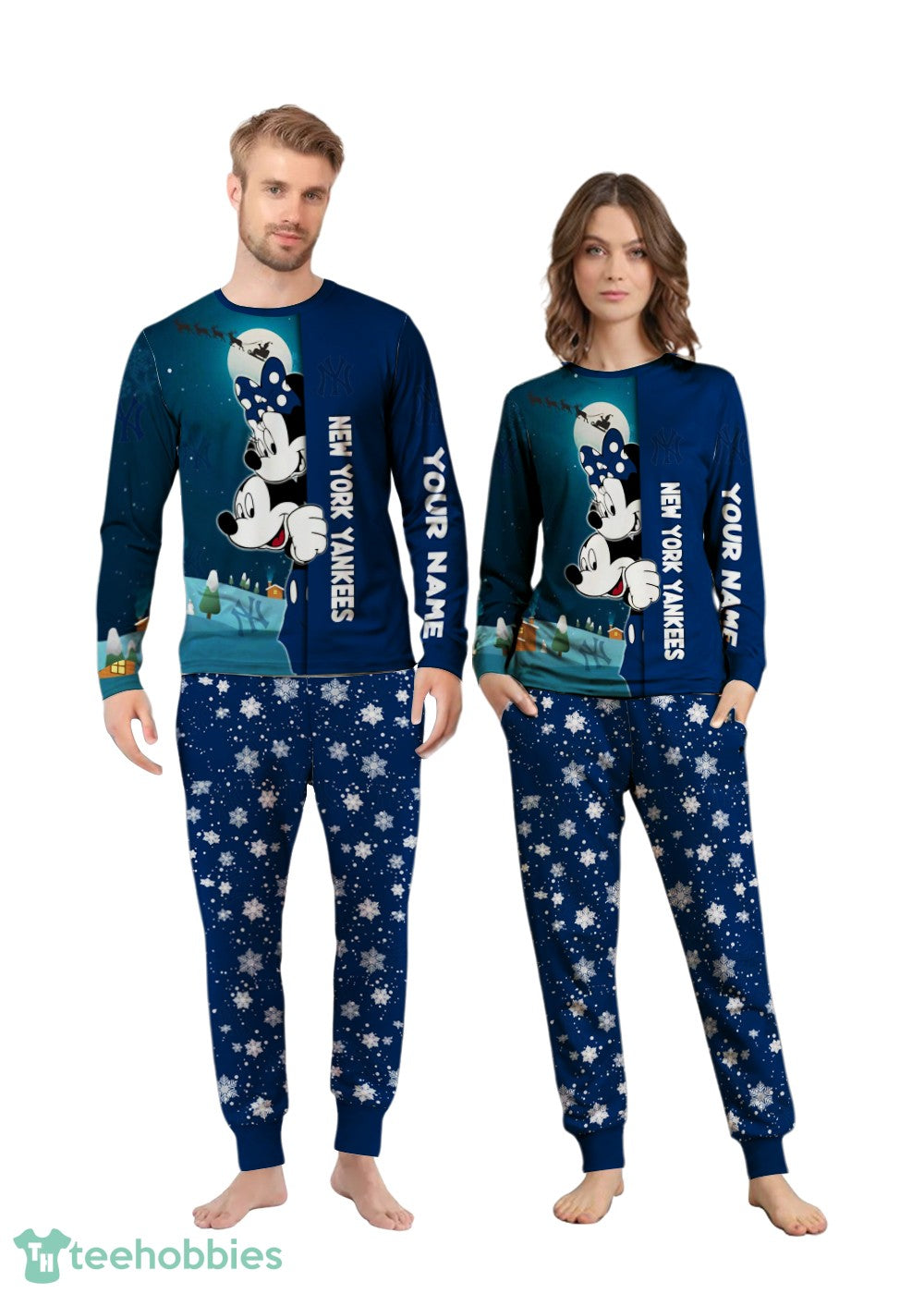 Custom Name New York Yankees Cartoon Mouse Couple Christmas Matching Pajamas Set