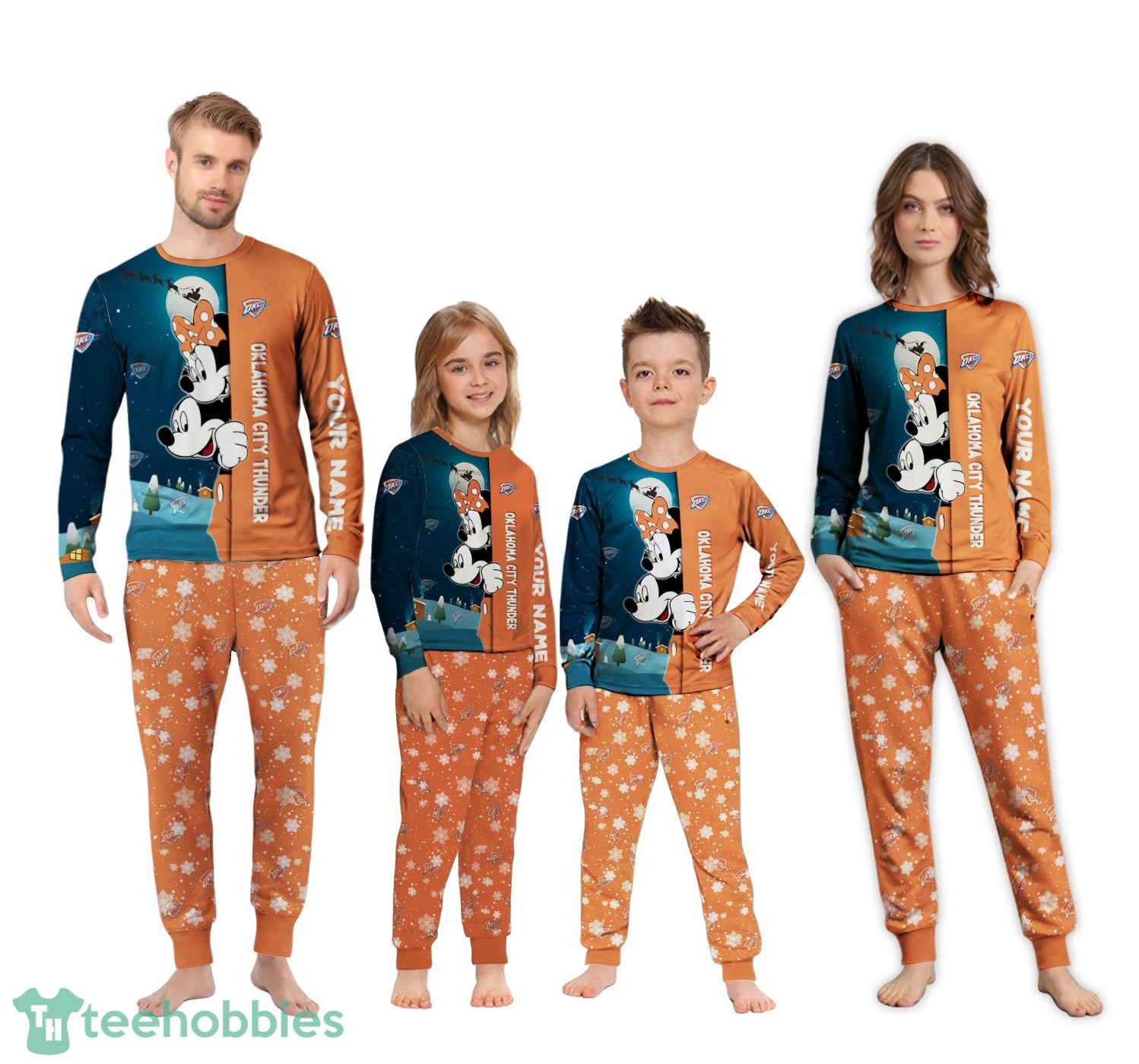 Custom Name Oklahoma City Thunder Cartoon Mouse Couple Christmas Matching Pajamas Set