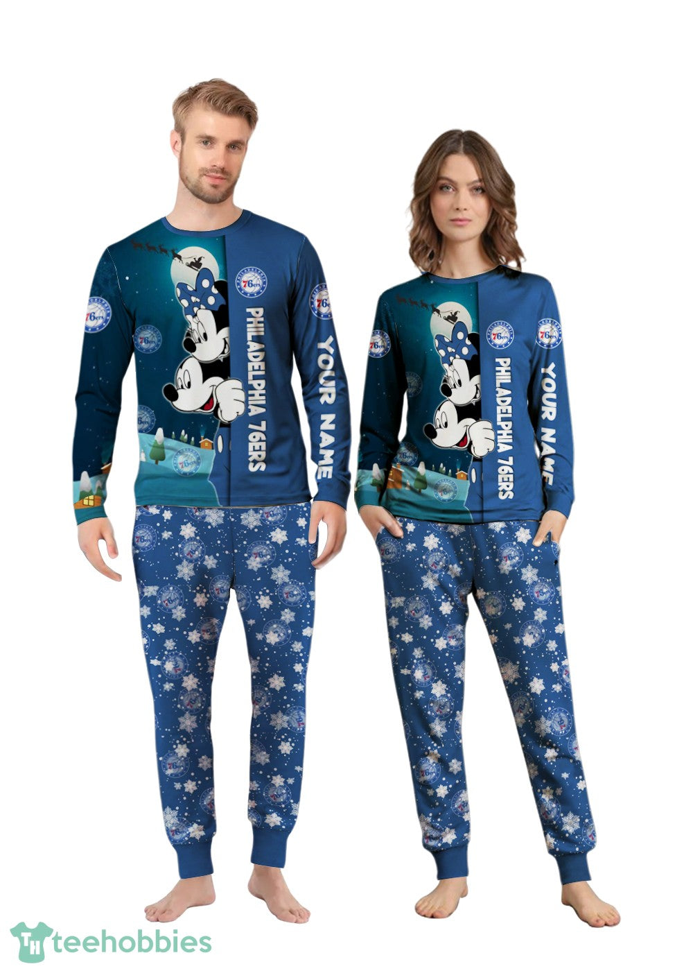 Custom Name Philadelphia 76ers Cartoon Mouse Couple Christmas Matching Pajamas Set
