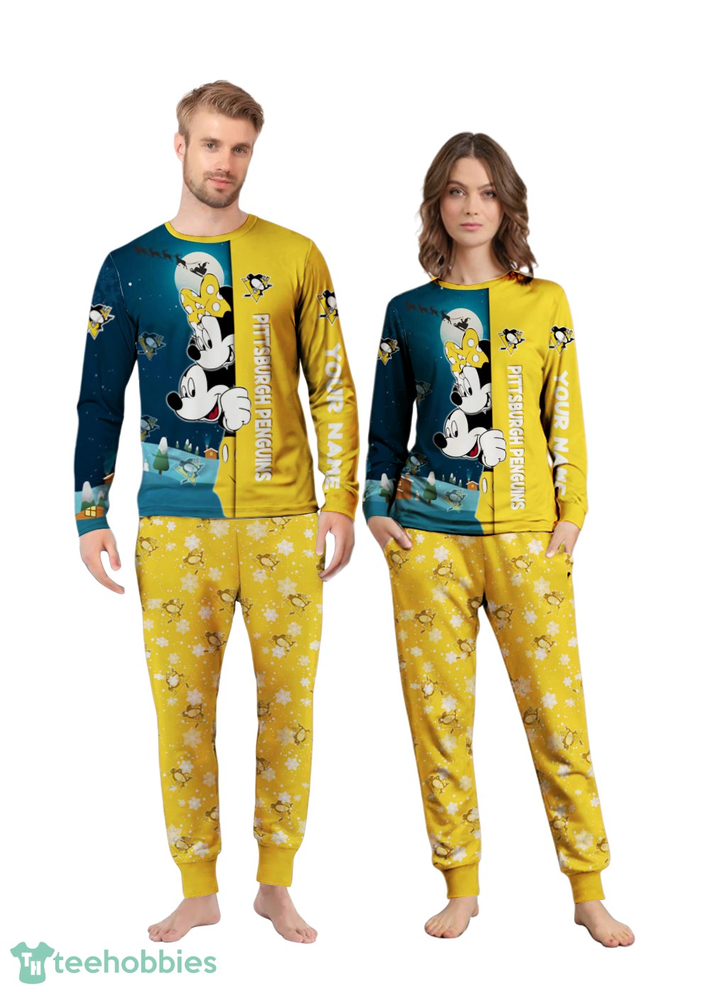 Custom Name Pittsburgh Penguins Cartoon Mouse Couple Christmas Matching Pajamas Set