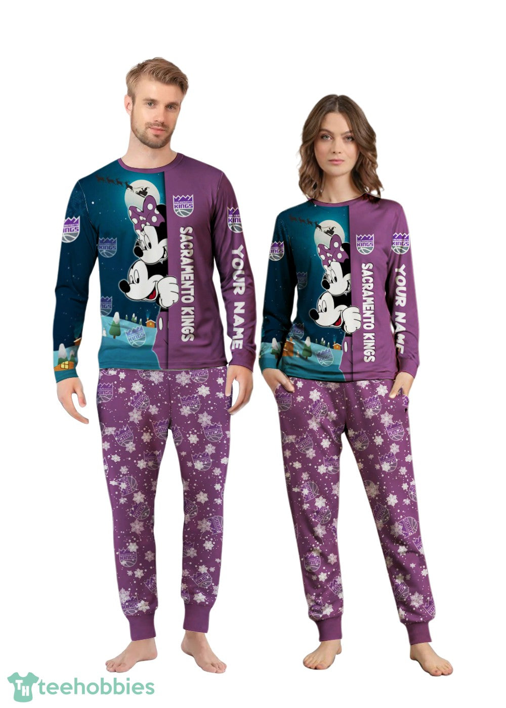 Custom Name Sacramento Kings Cartoon Mouse Couple Christmas Matching Pajamas Set