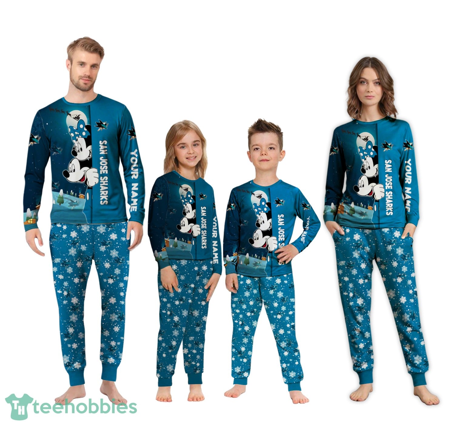 Custom Name San Jose Sharks Cartoon Mouse Couple Christmas Matching Pajamas Set