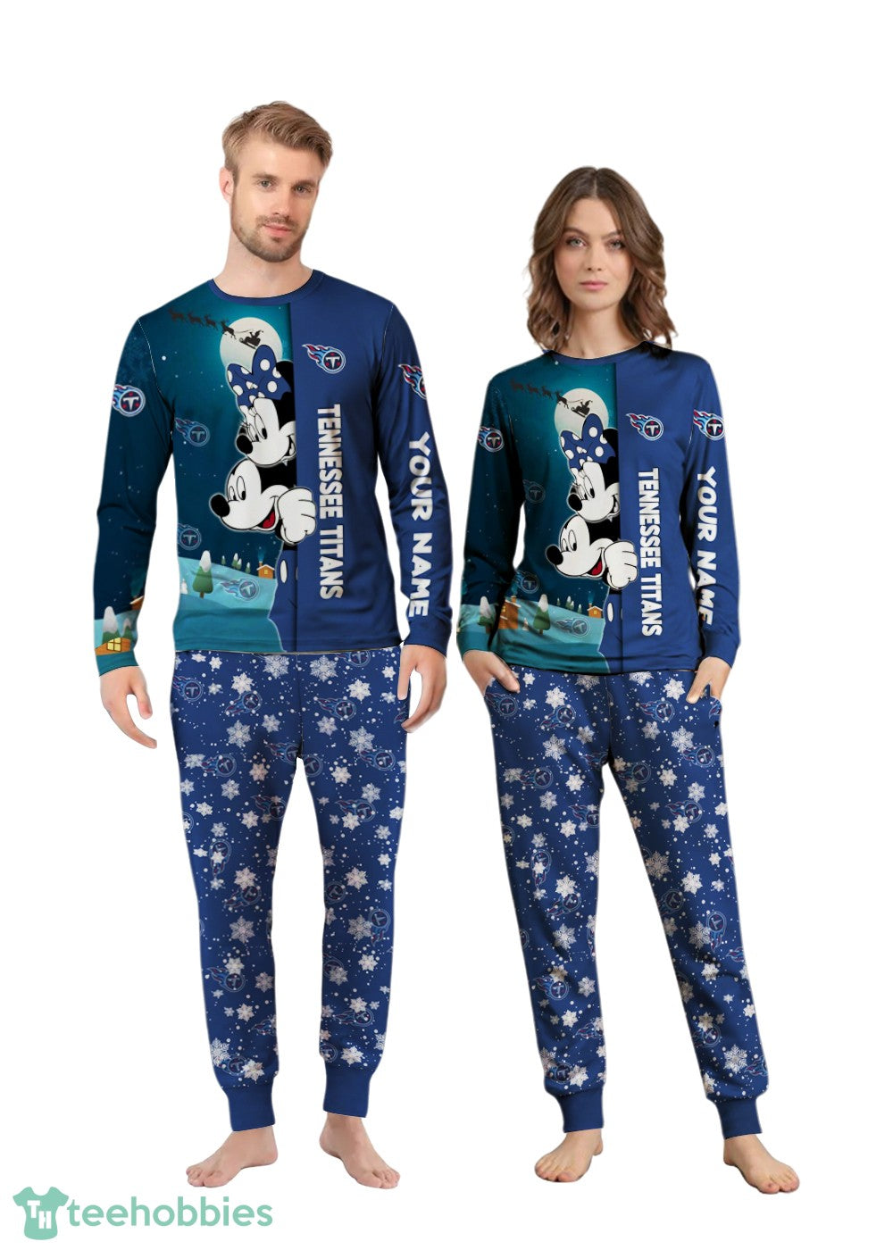 Custom Name Tennessee Titans Cartoon Mouse Couple Christmas Matching Pajamas Set