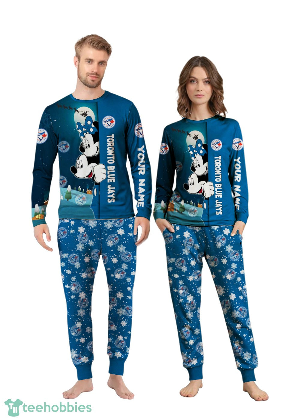 Custom Name Toronto Blue Jays Cartoon Mouse Couple Christmas Matching Pajamas Set