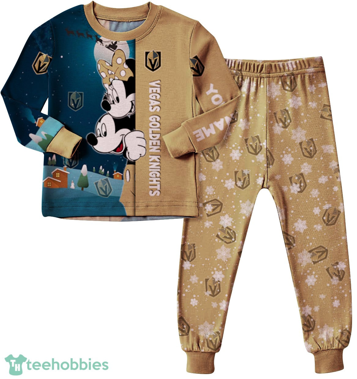 Custom Name Vegas Golden Knights Cartoon Mouse Couple Christmas Matching Pajamas Set