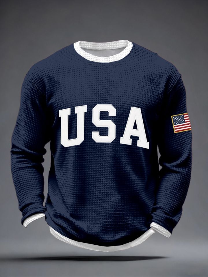 Men's USA Pattern Waffle Long Sleeve Sweatshirt