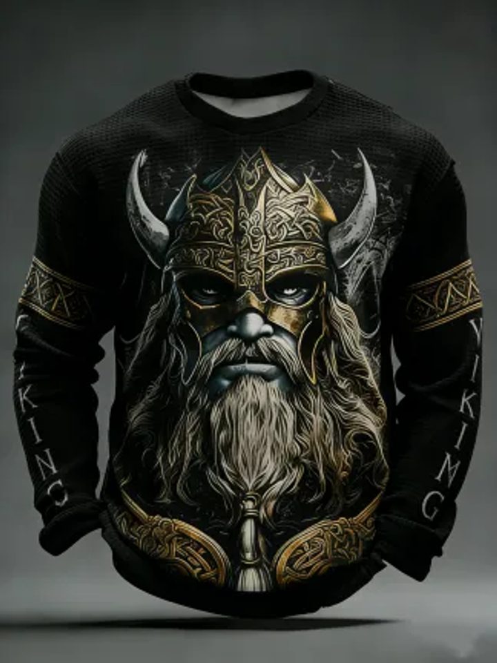 Men's Viking Print Waffle Knit Long Sleeve Sweatshirt