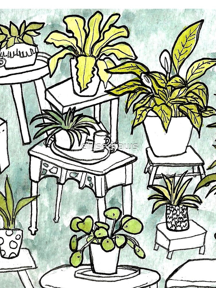 Cute Green Houseplants on Tables Watercolor Painting by elysedraws