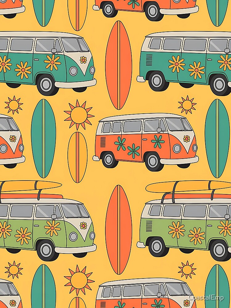Retro Surf Van Pattern – 70s Hippie Camper Vans, Surfboards & Sunshine | Seamless Boho Beach Vibes Design by CoastalEmp