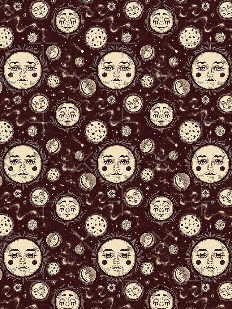Moon phases and cosmic stars in a vintage dark cherry astronomy style by vaner-vaner