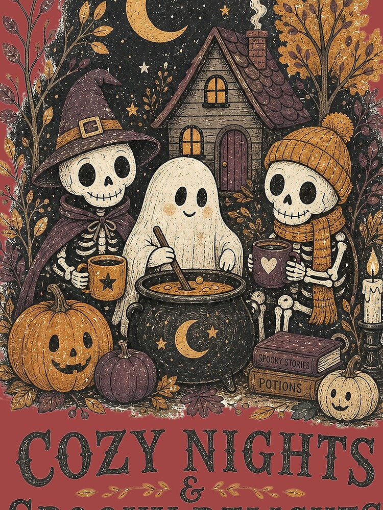 Cozy Ghost Friends Autumn Vignette – Folk Art Halloween Scene by MOCH- ART