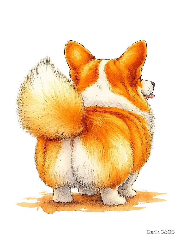 Fluffy Corgi from Behind — Cute Watercolor Dog Illustration by Darlin8888