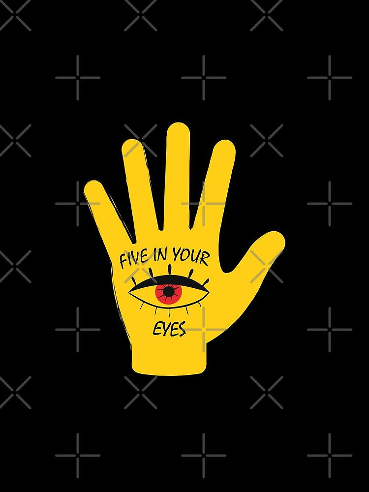 Hamsa Hand Protection – Yellow Hand of Fatima with Evil Eye Symbol “Five in Your Eyes” by WordPlayStudio