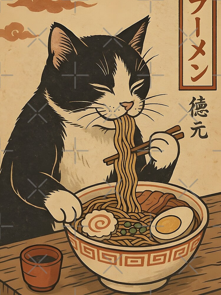 Cute Tuxedo Cat Enjoying Ramen – Vintage Japanese Style Illustration by SchultzWaltons