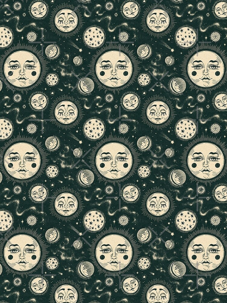 Moon phases and cosmic stars in a vintage dark emerald astronomy style by vaner-vaner