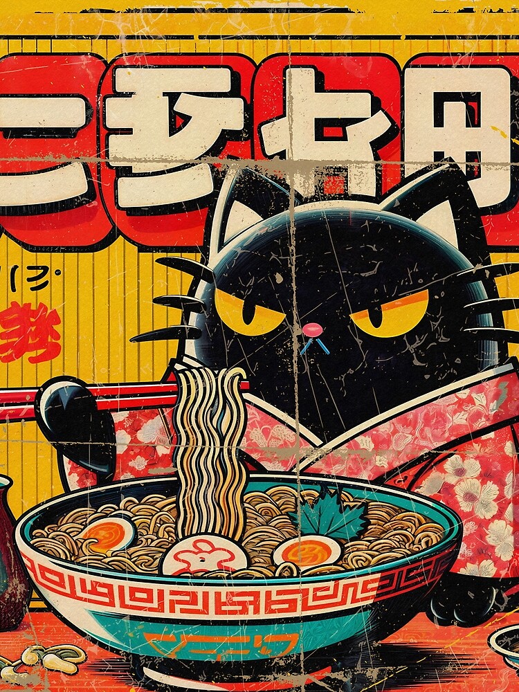 Retro Japanese Cat Eating Ramen | Vintage Noodle Art by IAPICTURE