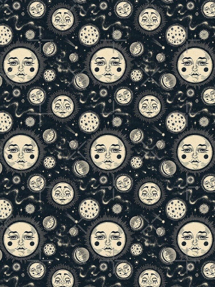 Moon phases and cosmic stars in a vintage dark blue astronomy style by vaner-vaner