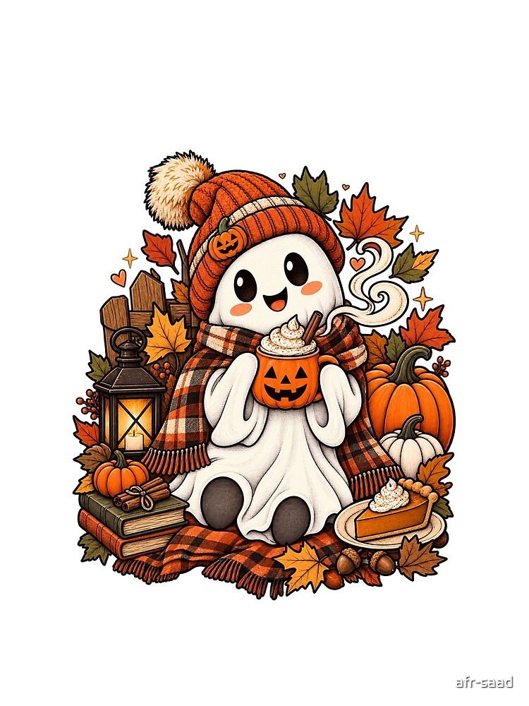 Cute Cozy Ghost Pumpkin Latte Autumn Halloween by afr-saad