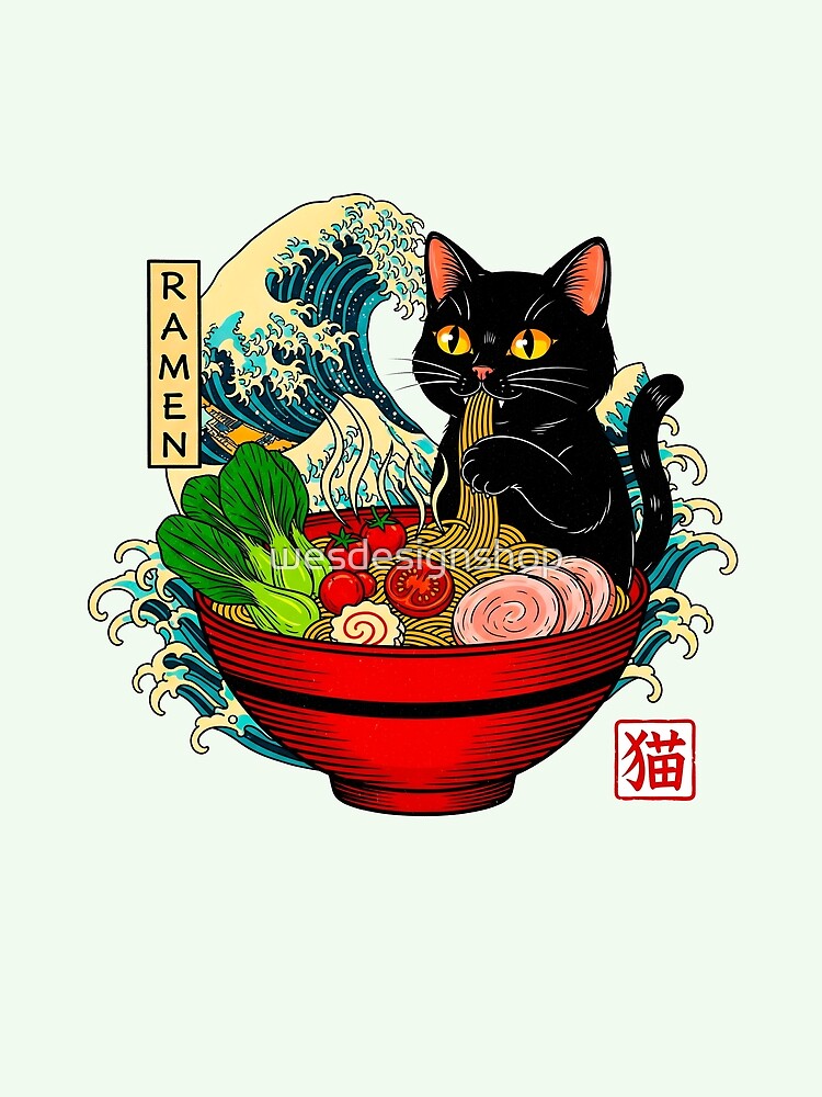 Cat Eating Ramen Noodles, Kawaii Black Cat, Japanese Art by wesdesignshop