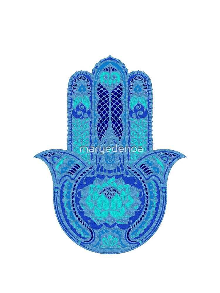 Teal Blue Lotus Hamsa by maryedenoa