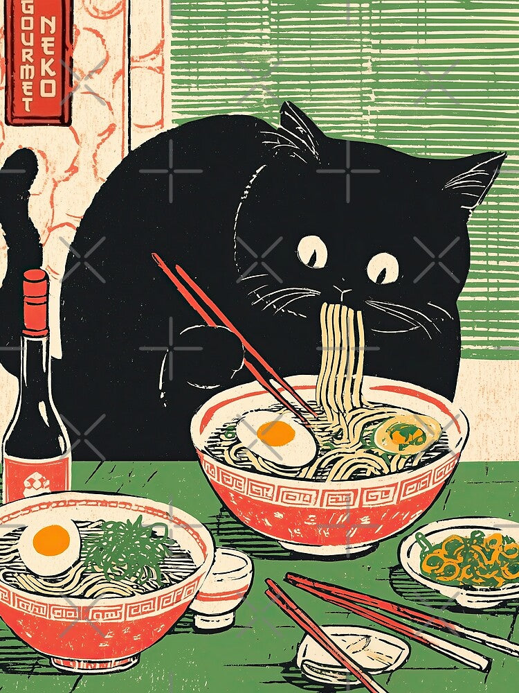 Black Cat Ramen Lover | Cozy Japanese Kitchen Art by Gourmet Neko Art |