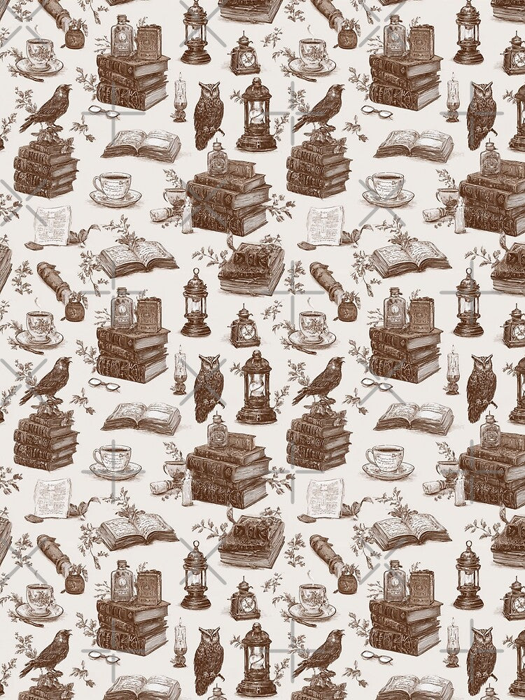 Mystical Library Toile Pattern - Vintage Books Ravens and Potions Brown by Random Candy Studio