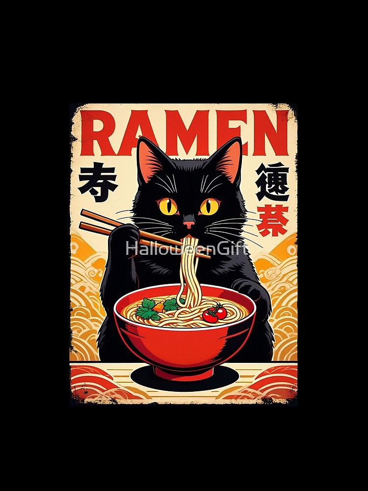 Black Cat Eating Ramen – Japanese Retro Food Art- Kawaii Cat by HalloweenGift