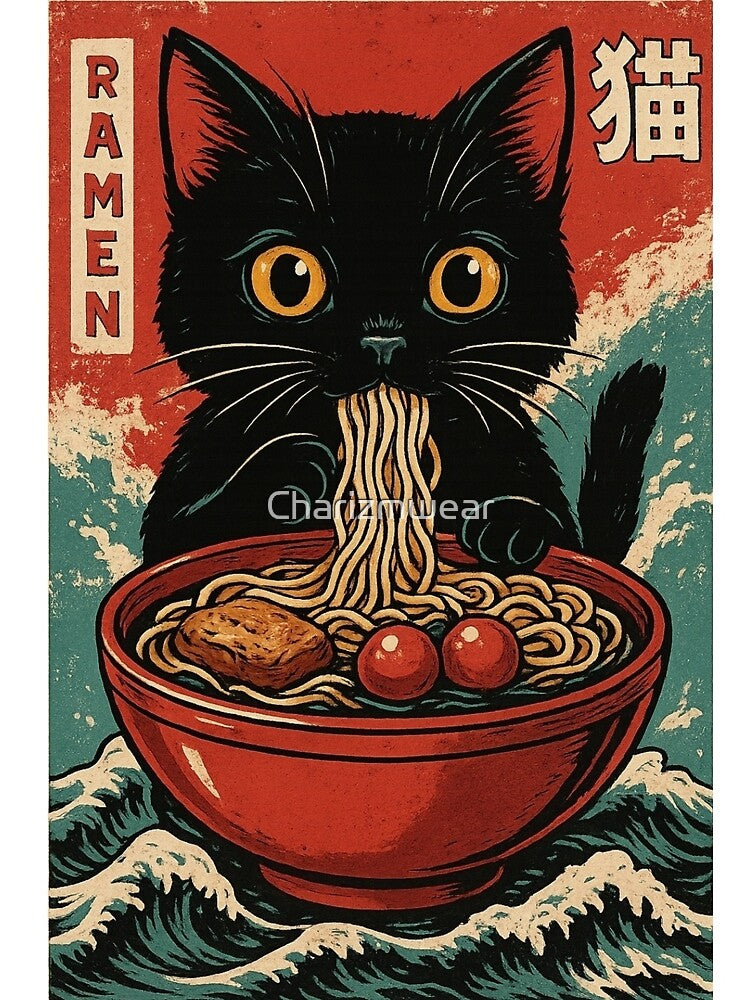 Cute Black Cat Eating Ramen – Retro Japanese Style Illustration by Charizmwear