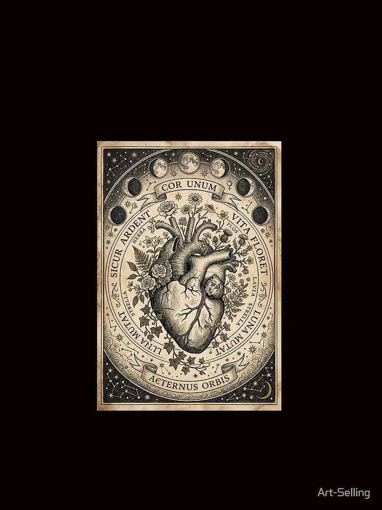 Vintage Alchemical Anatomical Heart Illustration with Celestial Moon Phases by Art-Selling